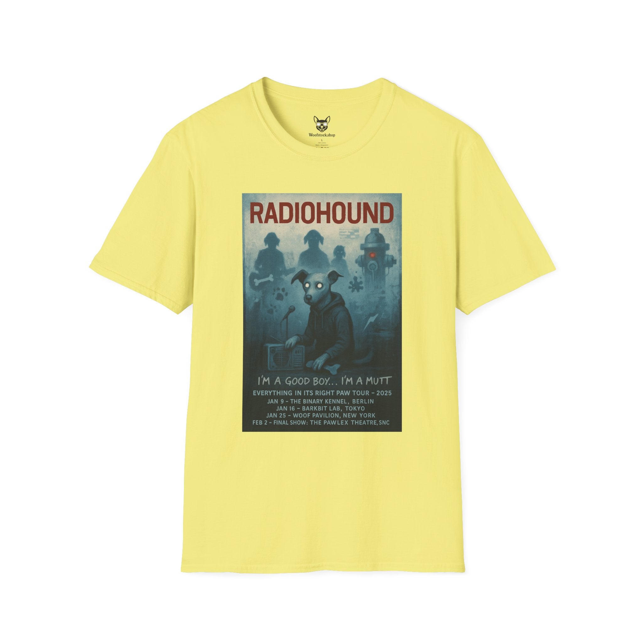 Radiohead Concert Poster Dog Parody Unisex Softstyle T-Shirt -- Funny Rock Tee for Music and Dog Lovers